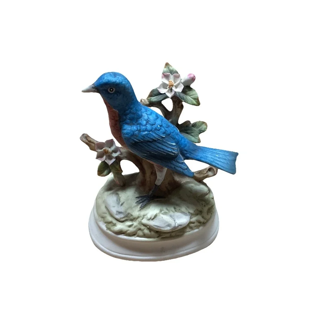 Vintage Porcelain Blue Jay On Branch Bird Figurine Decorative Plays Music